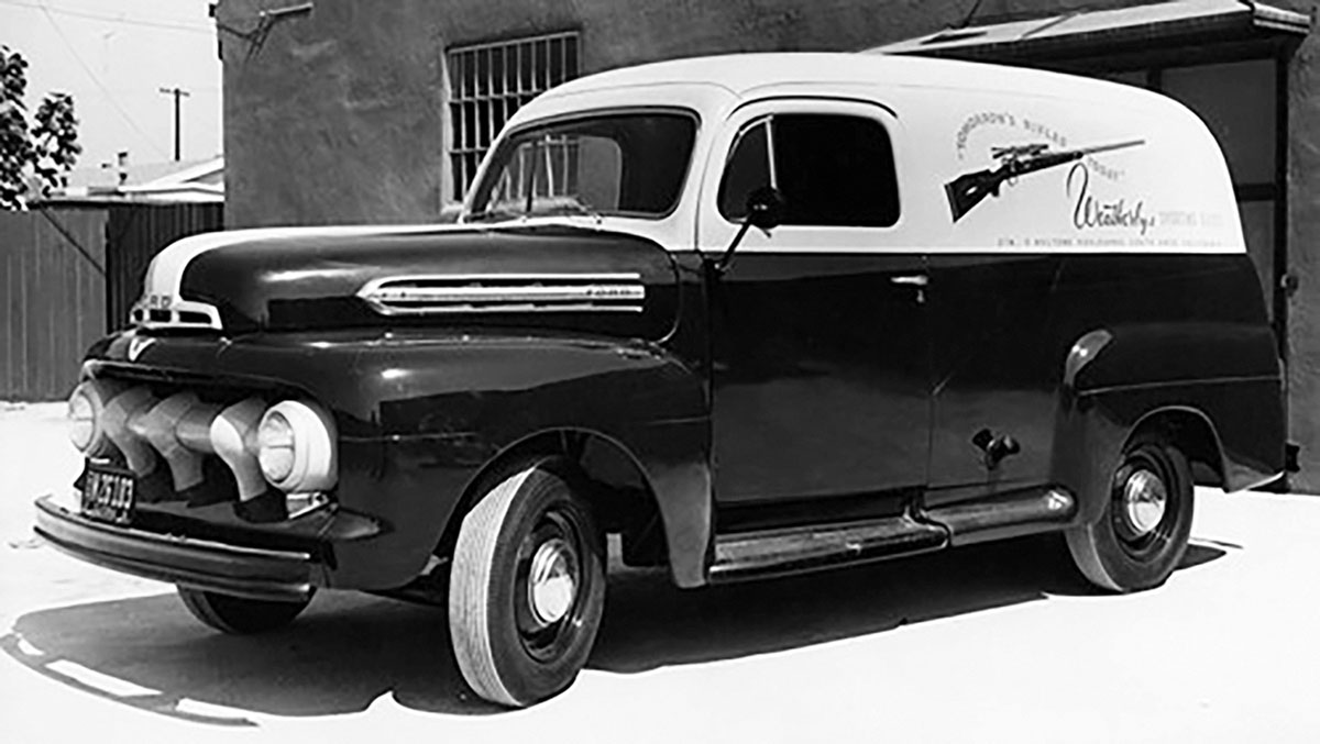 During the era when Layne’s rifle in 220 Rocket was built, Roy Weatherby often hit the road in this Ford panel truck and visited gun dealers across the country. A sliding drawer in a concealed compartment in the floor of the vehicle held a dozen of his rifles.